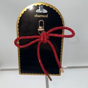 Charmed Red Glitter Bow Keychain Bag Charm Rose Gold Clip New on Card